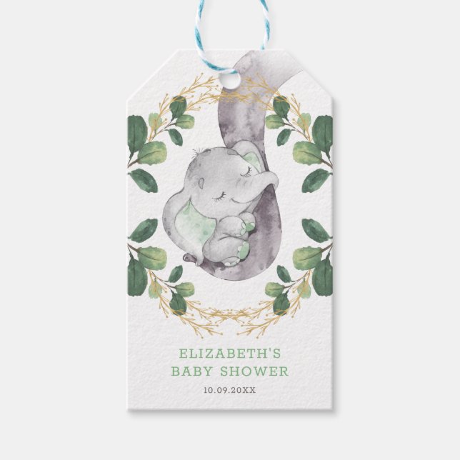 Étiquettes-cadeau Sweet Neutral Elephant Vert Baby shower Or (Devant)