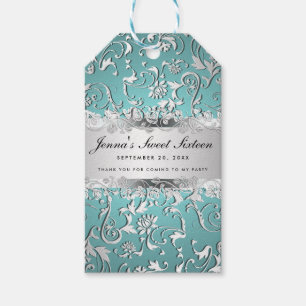 Étiquettes-cadeau Sweet sixteen floral argenté bleu fascinant de