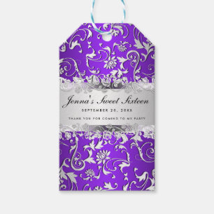 Étiquettes-cadeau Sweet sixteen floral argenté pourpre fascinant de