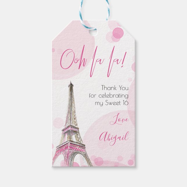 Étiquettes-cadeau Sweet sixteen Paris Rose Tour Eiffel Merci (Devant)