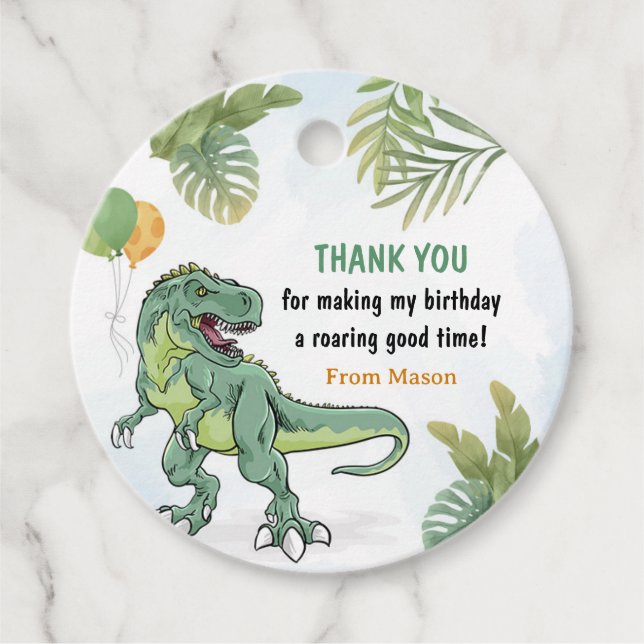 Étiquettes Cadeau T-Rex Dinosaur Verdure Anniversaire Merci (Devant)