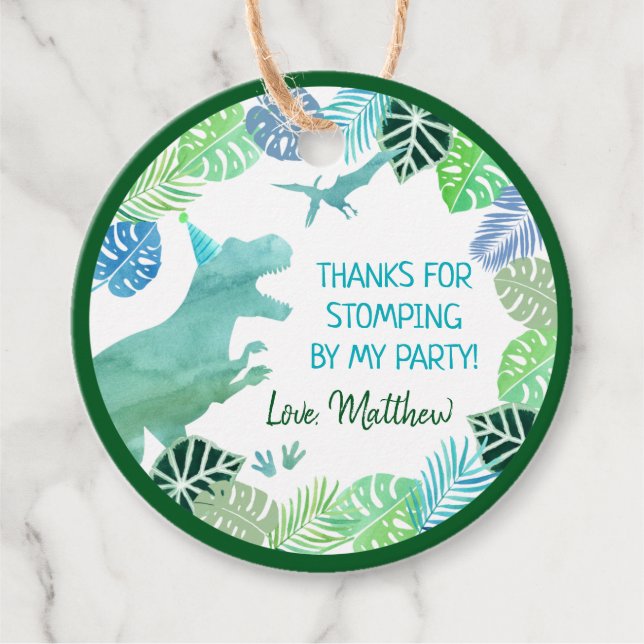 Étiquettes Cadeau T-Rex Dinosaur Verdure Anniversaire Merci (Devant)