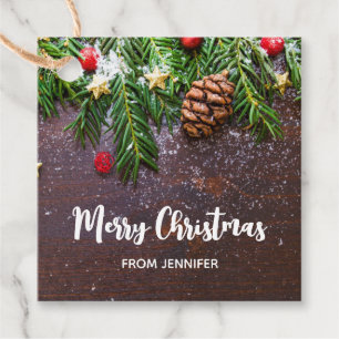 Étiquettes Cadeau Table de Noël rustique avec pin et neige