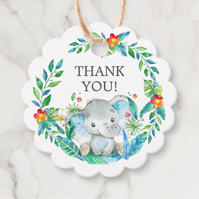 Étiquettes Cadeau Tag Cadeau Baby shower Favoriser Jungle Elephant (Devant)