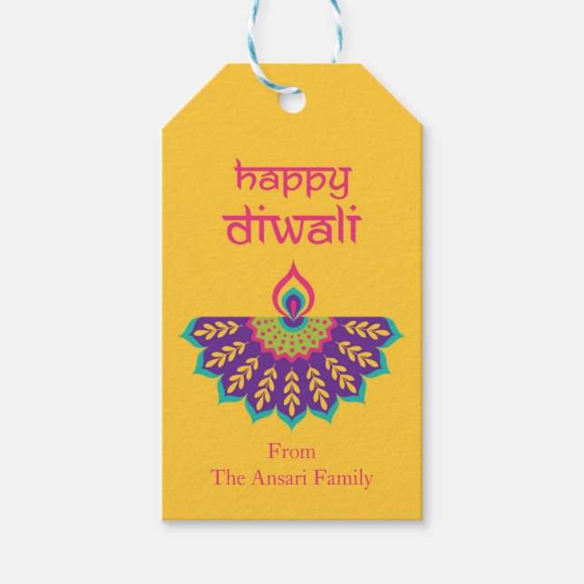 Étiquettes-cadeau Tag Cadeau Diwali avec illustration Diya en Jaune (Devant)