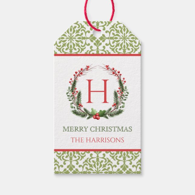 Étiquettes-cadeau Tags Cadeau Monogramme de la couronne de Noël (Devant)