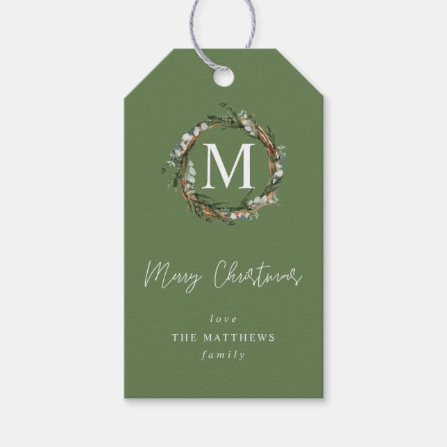 Étiquettes-cadeau Tags cadeaux Sage Eucalyptus Wreath Monogram (Devant)