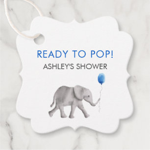 Étiquettes Cadeau Tags Prêt pour la pop, Baby shower éléphant, Bleu