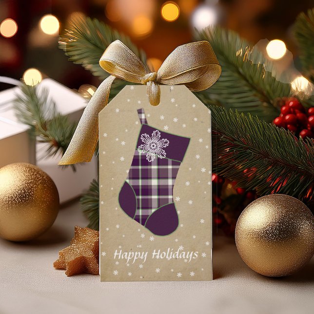 Étiquettes-cadeau Tartan Christmas Stocking Eggplant et Green ID209 (Créateur téléchargé)