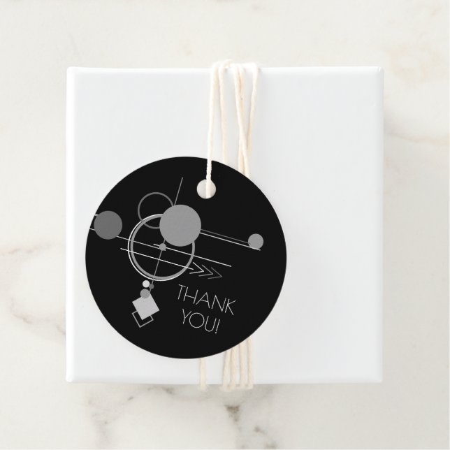 Étiquettes Cadeau Tatos Art Déco Moderne | Merci noir et gris (En situation)