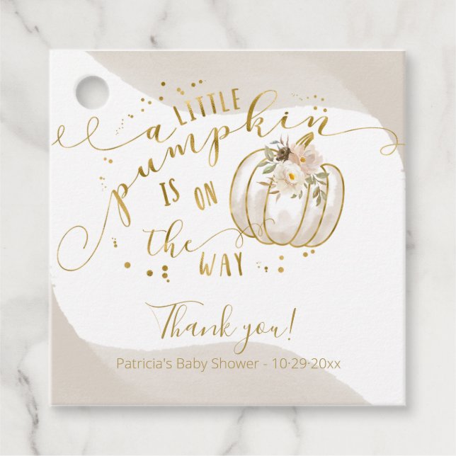 Étiquettes Cadeau Taupe Citrouille d'or Merci de Baby shower d'autom (Devant)