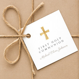 Étiquettes Cadeau Taupe Script Cross Boy First Communion
