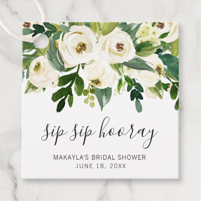Étiquettes Cadeau Tchin Tchin Hourra Élégant Mariage Floral Blanc Do (Devant)