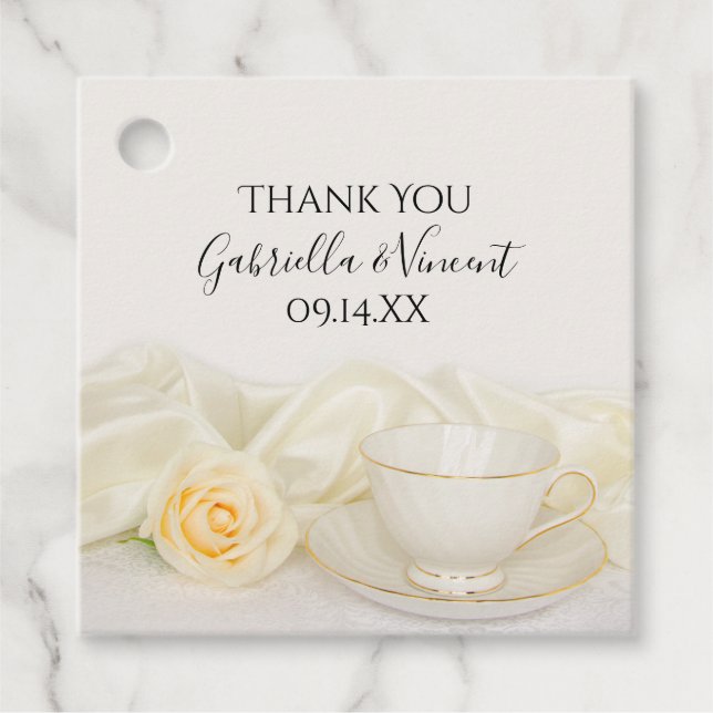 Étiquettes Cadeau Tea Cup avec Mariage à la Rose blanche (Devant)