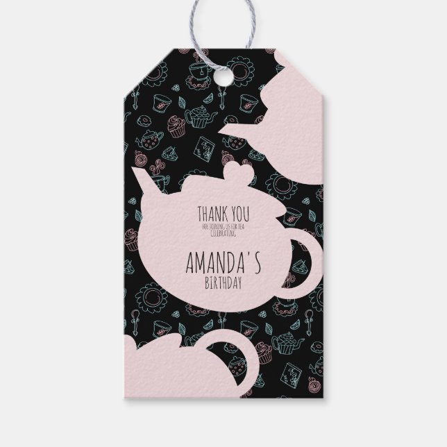 Étiquettes-cadeau Tea Party Anniversaire Doodle Arrière - plan (Devant)
