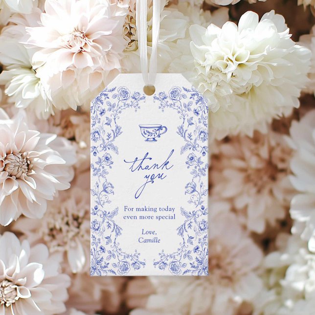 Étiquettes-cadeau Tea Party Blue Floral Fête des mariées Favoriser (Blue Floral Bridal Shower Thank you Favor Tag)