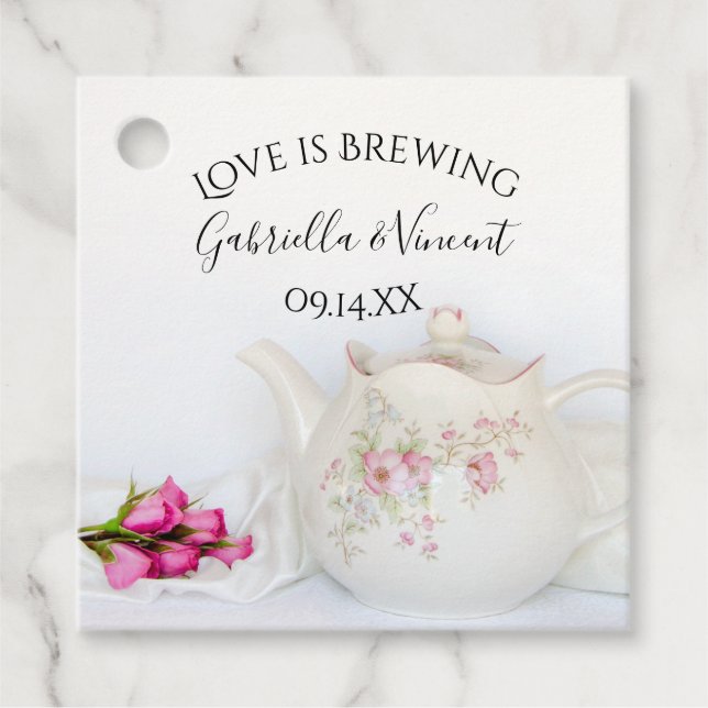 Étiquettes Cadeau Teapot avec roses roses roses L'amour brasse Maria (Devant)