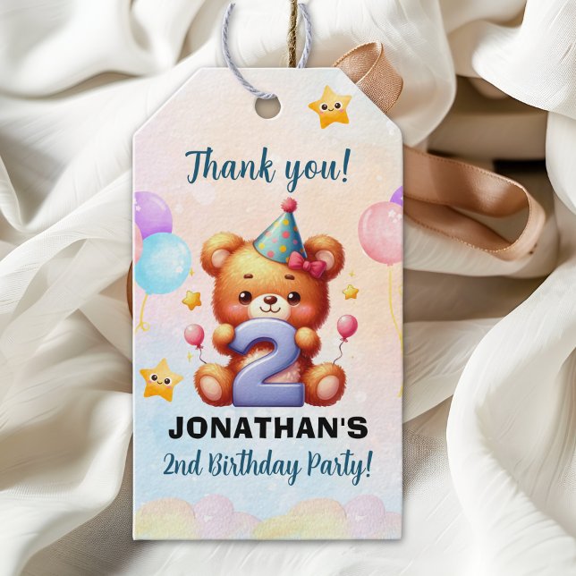 Étiquettes-cadeau “Teddy Bear 2nd Birthday | Cute Balloons & Rainbow (Créateur téléchargé)