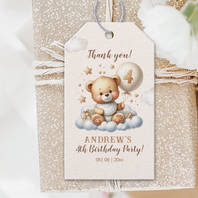 Étiquettes-cadeau Teddy Bear 4th Birthday Celebration (Créateur téléchargé)