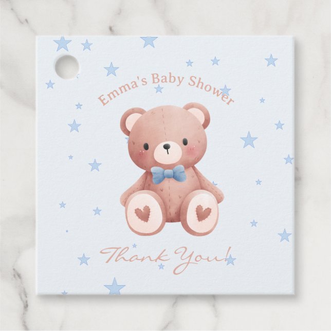 Étiquettes Cadeau Teddy Bear Baby Boy Shower - Soft Blue Stars (Devant)