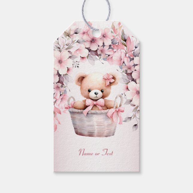 Étiquettes-cadeau Teddy Bear Baby Girl Fleurs roses Soirée Élégante (Devant)