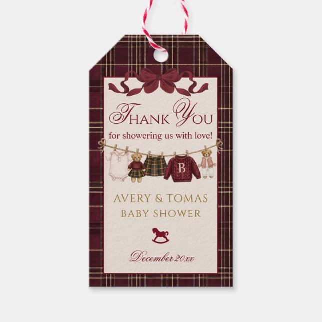 Étiquettes-cadeau Teddy Bear Baby Shower Girl Plaid Burgundy Bow  (Devant)