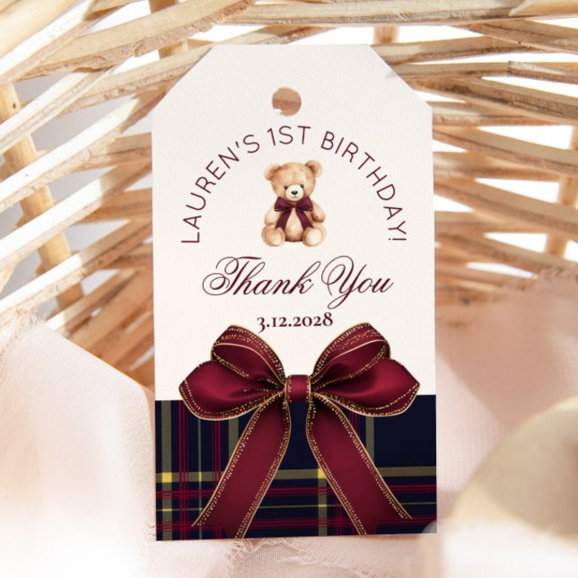 Étiquettes-cadeau Teddy Bear Beary 1er anniversaire Bow Plaid Merci (Créateur téléchargé)