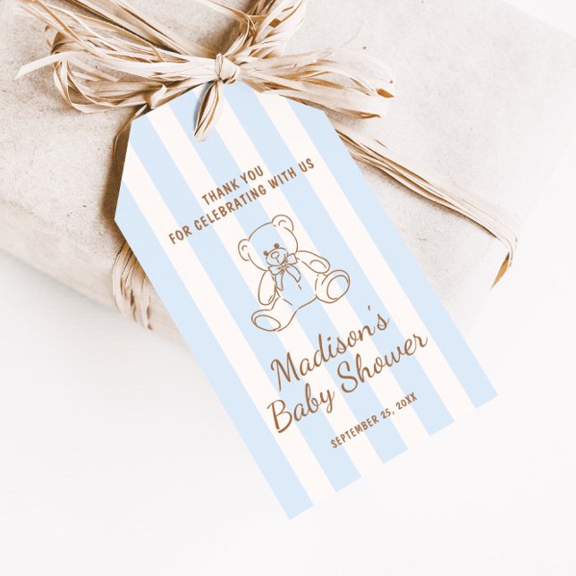 Étiquettes-cadeau Teddy Bear Blue Stripes Baby Shower (Créateur téléchargé)