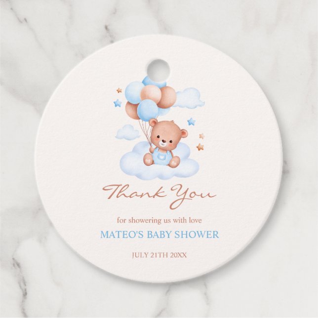 Étiquettes Cadeau Teddy Bear Blue Tan Balloons Baby shower garçon (Devant)