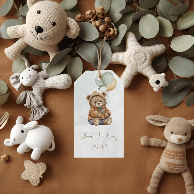Étiquettes-cadeau Teddy Bear Brown Sage Green Balloons Baby (Créateur téléchargé)