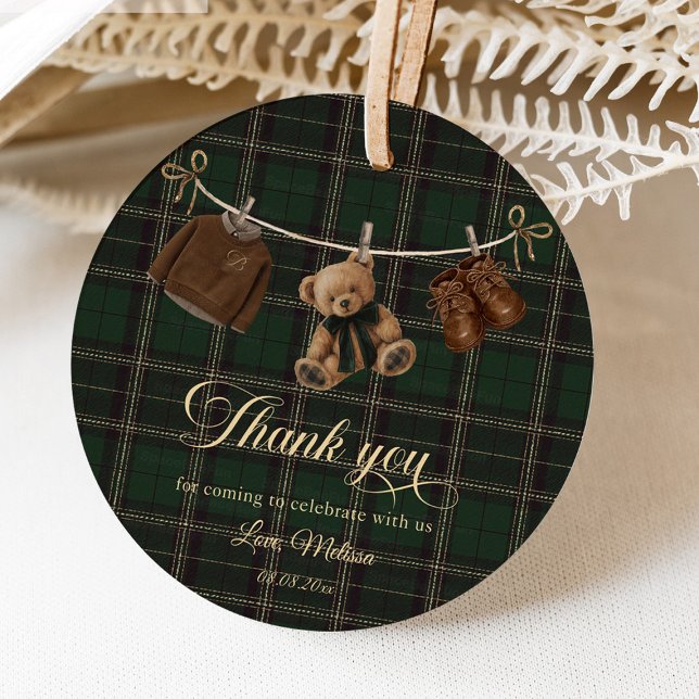 Étiquettes Cadeau Teddy Bear Green Tartan Baby Shower (teddy bear baby shower, green tartan baby shower, baby shower favor tags, baby shower tags, teddy be)