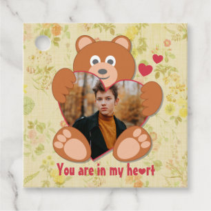 Étiquettes Cadeau Teddy Bear Holding Heart Photo Saint-Valentin