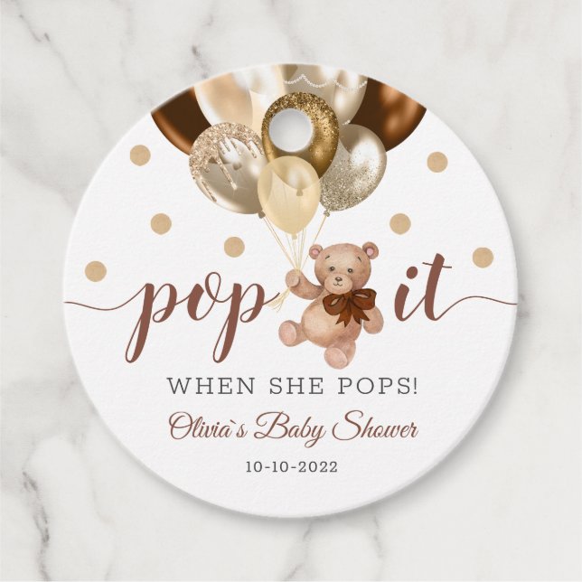 Étiquettes Cadeau Teddy Bear Pop It When She Pops Baby shower Cadeau (Devant)