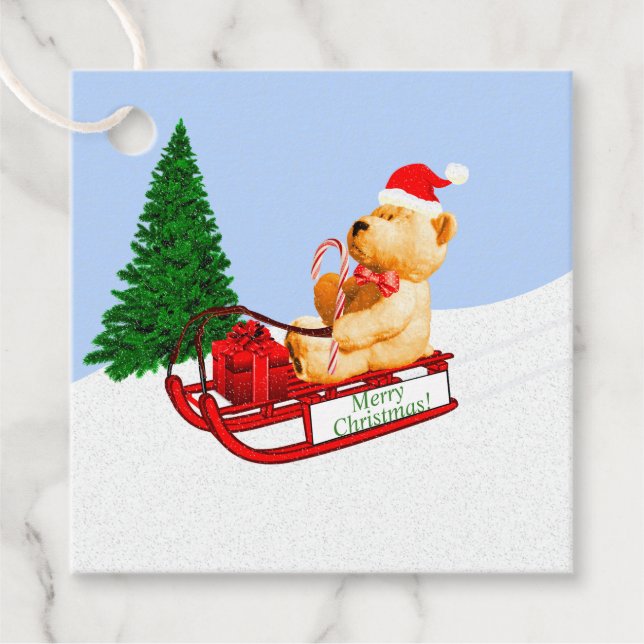 Étiquettes Cadeau Teddy Bear Sled Présent Cadeau Cadeau de Noël Favo (Devant)