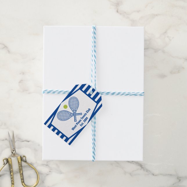 Étiquettes-cadeau Tennis sur mesure Country Club Bleu rayé (With Twine)