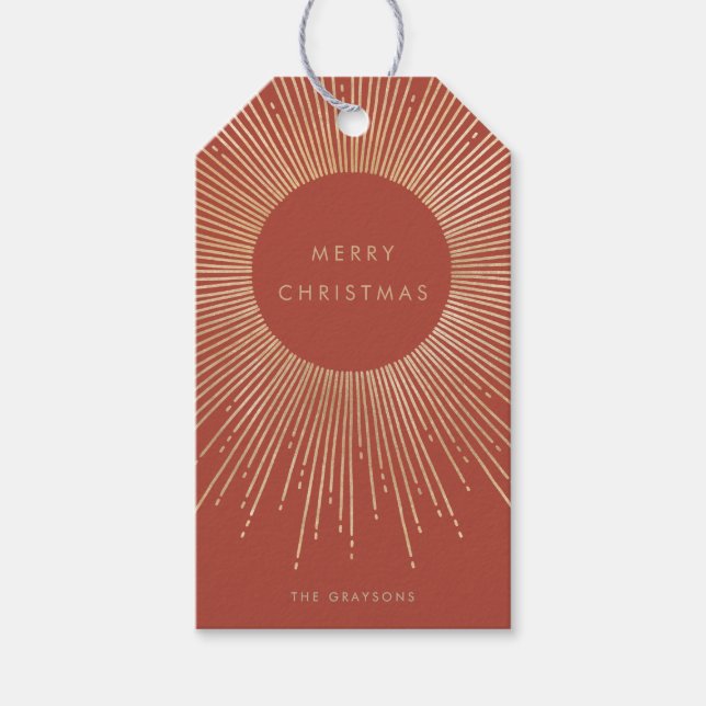 Étiquettes-cadeau Terracotta & Gold Sunburst Art Déco Joyeux Noël (Devant)