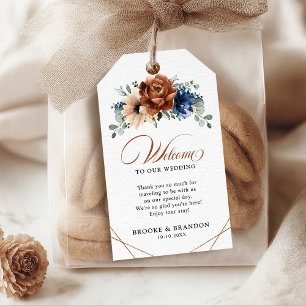 Étiquettes-cadeau Terracotta Marine Bleu Mariage géométrique Bienven