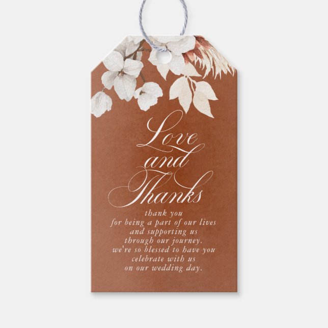 Étiquettes-cadeau Terre cuite et fleurs blanches Amour et Merci (Devant)