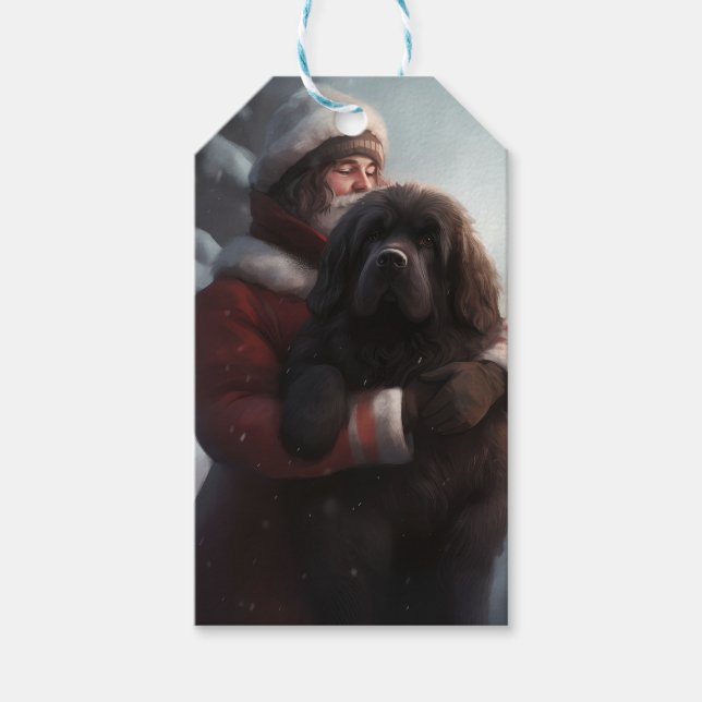 Étiquettes-cadeau Terre-Neuve avec Noël Festif du Père Noël (Devant)