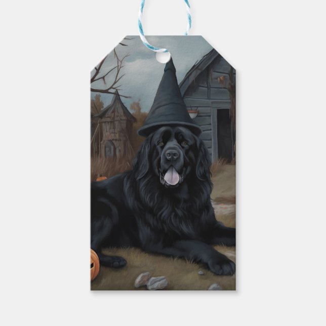 Étiquettes-cadeau Terre-Neuve Citrouille Halloween effroi (Devant)