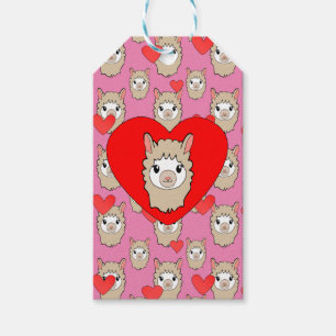 Étiquettes-cadeau Tête de lama mignonne et cœurs rouges sur fond ros