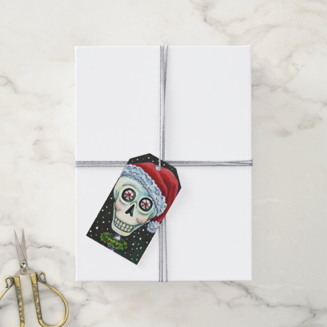 ÉTIQUETTES-CADEAU TÊTE MORTE PÈRE NOËL SKULL, HUMOUR SKELETON DE NOË (Avec de la ficelle)
