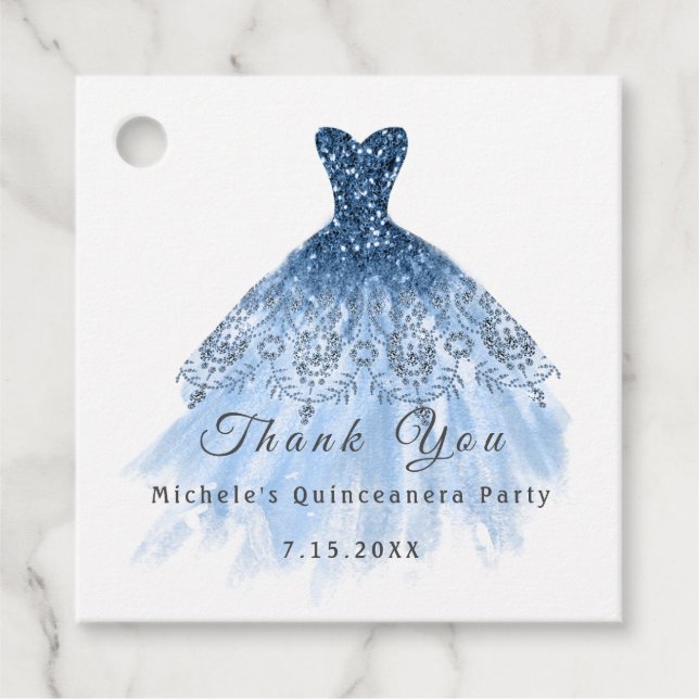 Étiquettes Cadeau Than You Mariage 16ème Quinceanera Fête Bleu Nuit (Devant)