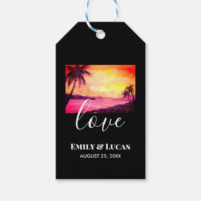 Étiquettes-cadeau Thème mariage Plage tropicale Coucher de soleil Co (Devant)