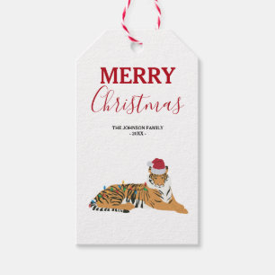 Étiquettes-cadeau Tigre de Noël drôle animal avec chapeau de Père No