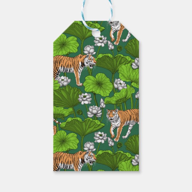 Étiquettes-cadeau Tigres dans l'étang blanc de lotus (Devant)