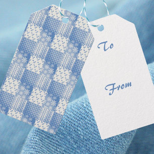 Étiquettes-cadeau Tissu en jean de style vintage bleu et blanc créme