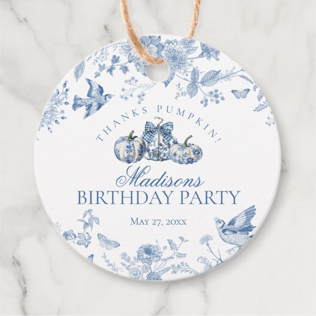 Étiquettes Cadeau Toile Bleue Citrouille Français Automne Anniversai (Devant)