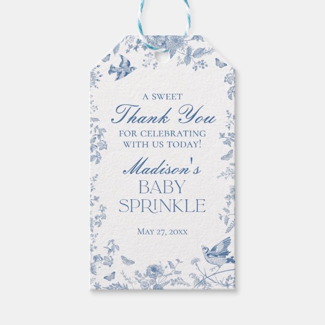 Étiquettes-cadeau Toile Bleue De Jouy Baby Sprinkle Faveurs (Devant)