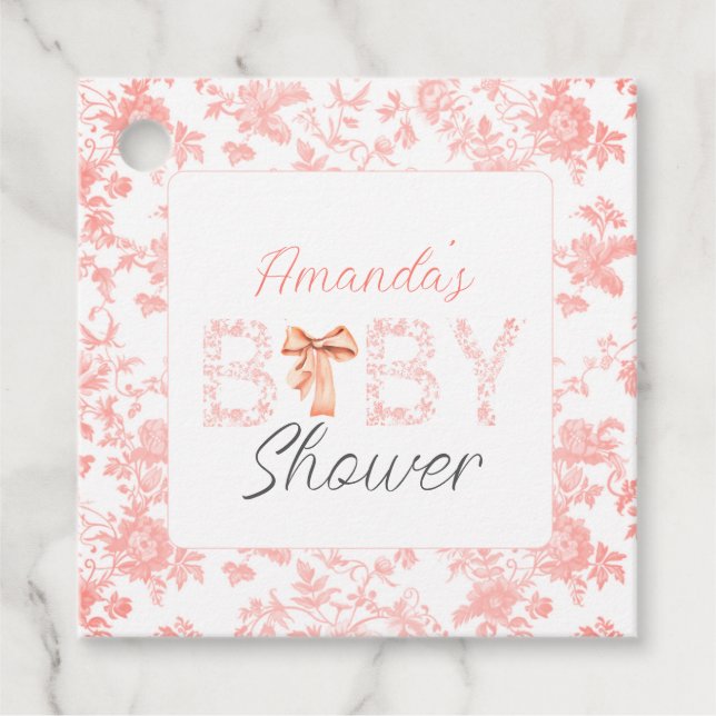Étiquettes Cadeau Toile de Bow rose de Jouy Baby shower floral (Devant)